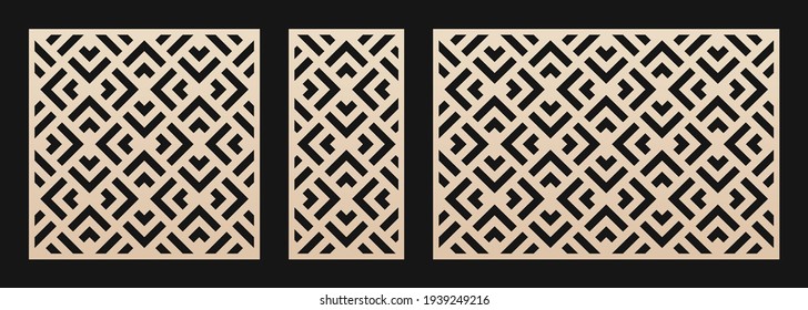 Decorative panels for laser cutting. Cutout silhouette with abstract geometric pattern, squares, triangles, grid. Laser cut stencil for wood, metal, plastic, paper, acrylic. Aspect ratio 1:2, 1:1, 3:2