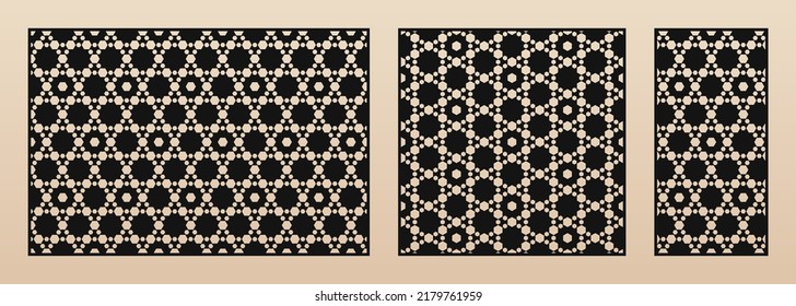 Decorative panels for laser cutting. Cutout silhouette with abstract geometric pattern, hexagonal grid, lattice, mesh. Laser cut stencil for wood, metal, paper, plastic. Aspect ratio 3:2, 1:1, 1:2