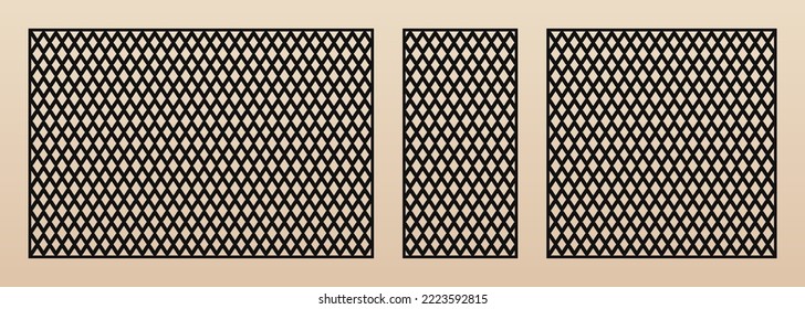 Decorative panels for laser cutting. Cutout silhouette with abstract geometric pattern, diamond grid, lattice, net. Laser cut stencil for wood, metal, plastic, paper. Aspect ratio 3:2, 1:2, 1:1