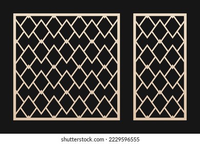 Decorative panels for laser cutting. Cutout silhouette with abstract geometric pattern, diamond grid, net, lines. Laser cut template for wood, metal, plastic, paper, acrylic. Aspect ratio 1:1, 1:2