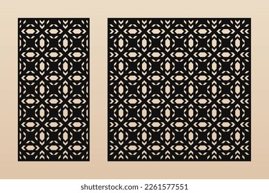 Decorative panels for laser cutting. Cutout silhouette with abstract geometric pattern in ethnic style, grid, lattice, mesh. Laser cut stencil for wood, metal, paper, plastic. Aspect ratio 1:2, 1:1