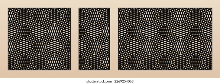 Decorative panels for laser cutting. Cutout silhouette with abstract geometric pattern, crossing lines, grid, net, lattice. Vector laser cut stencil for wood, metal, paper. Aspect ratio 1:1, 1:2, 3:2