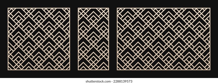 Decorative panels for laser cutting. Cut-out silhouette with abstract geometric pattern, squares, lines, diamonds, grid. Laser cut stencil for wood, metal, plastic, paper. Aspect ratio 1:2, 1:1, 3:2