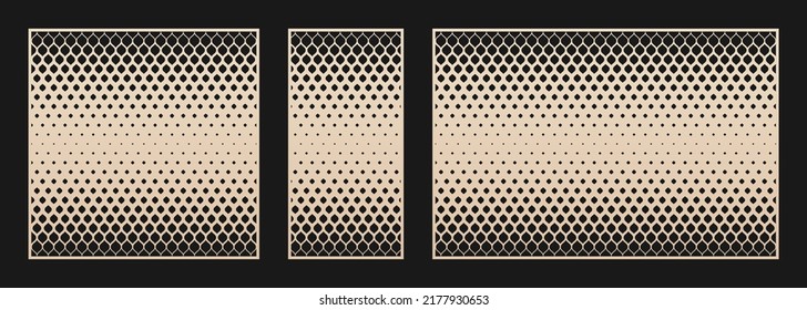 Decorative panels for laser cutting. Vector cutout silhouette with abstract geometric pattern, halftone mesh, gradient effect. Laser cut stencil for wood, metal, plastic. Aspect ratio 1:1, 1:2, 3:2