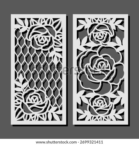 Decorative panels with roses flowers pattern. Vector floral design for home interior decor, partition, privacy screen, wall art, room dividers. Template for laser, cnc, plasma and plotter cutting