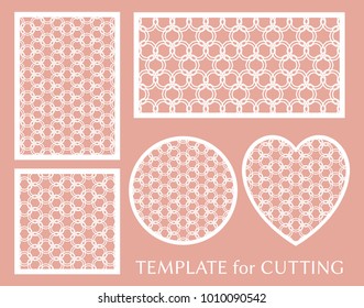 Decorative panels set for laser cutting. Geometric round ornament and heart element for wedding invitation, envelope, greeting card. Template for paper cut, printing. Stencil manufacturing