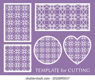 Decorative panels set for laser cutting. Geometric round ornament and heart element for wedding invitation, envelope, greeting card. Template for paper cut, printing. Stencil manufacturing