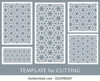 Decorative panels set for laser cutting. Geometric ornament for wedding invitation, envelope, greeting or business cards, Template for paper cut, printing, engraving wood, metal. Stencil manufacturing