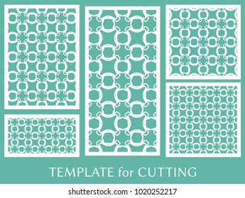 Decorative panels set for laser cutting. Geometric ornament for wedding invitation, envelope, greeting or business cards, Template for paper cut, printing, engraving wood, metal. Stencil manufacturing