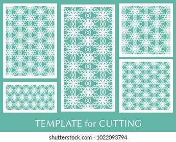 Decorative panels set for laser cutting. Geometric ornament for wedding invitation, envelope, greeting or business cards, Template for paper cut, printing, engraving wood, metal. Stencil manufacturing