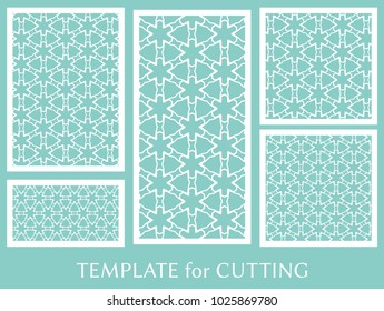 Decorative panels set for laser cutting. Geometric ornament for wedding invitation, envelope, greeting or business cards, Template for paper cut, printing, engraving wood, metal. Stencil manufacturing