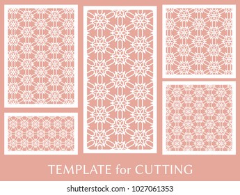 Decorative panels set for laser cutting. Geometric ornament for wedding invitation, envelope, greeting or business cards, Template for paper cut, printing, engraving wood, metal. Stencil manufacturing