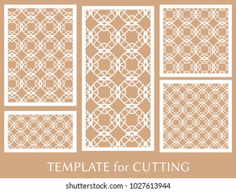 Decorative panels set for laser cutting. Geometric ornament for wedding invitation, envelope, greeting or business cards, Template for paper cut, printing, engraving wood, metal. Stencil manufacturing