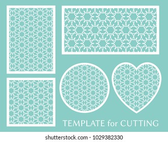 Decorative panels set for laser cutting. Geometric round ornament and heart element for wedding invitation, envelope, greeting card. Template for paper cut, printing. Stencil manufacturing