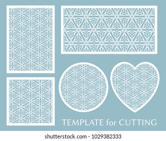 Decorative panels set for laser cutting. Geometric round ornament and heart element for wedding invitation, envelope, greeting card. Template for paper cut, printing. Stencil manufacturing