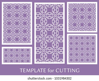 Decorative panels set for laser cutting. Geometric ornament for wedding invitation, envelope, greeting or business cards, Template for paper cut, printing, engraving wood, metal. Stencil manufacturing