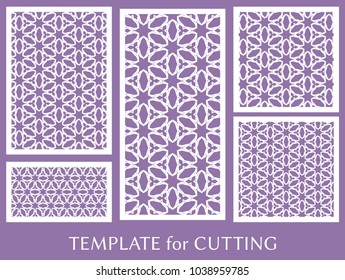 Decorative panels set for laser cutting. Geometric ornament for wedding invitation, envelope, greeting or business cards, Template for paper cut, printing, engraving wood, metal. Stencil manufacturing