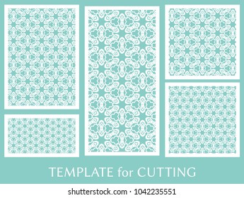 Decorative panels set for laser cutting. Geometric ornament for wedding invitation, envelope, greeting or business cards, Template for paper cut, printing, engraving wood, metal. Stencil manufacturing