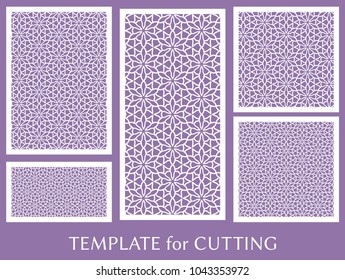 Decorative panels set for laser cutting. Geometric ornament for wedding invitation, envelope, greeting or business cards, Template for paper cut, printing, engraving wood, metal. Stencil manufacturing