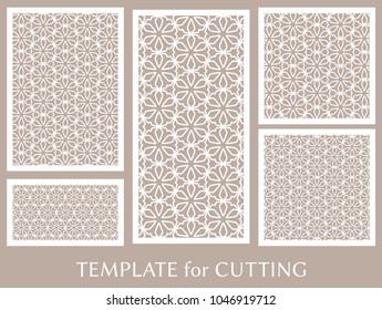 Decorative panels set for laser cutting. Geometric ornament for wedding invitation, envelope, greeting or business cards, Template for paper cut, printing, engraving wood, metal. Stencil manufacturing