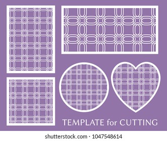 Decorative panels set for laser cutting. Geometric round ornament and heart element for wedding invitation, envelope, greeting card. Template for paper cut, printing. Stencil manufacturing