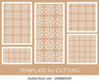 Decorative panels set for laser cutting. Geometric ornament for wedding invitation, envelope, greeting or business cards, Template for paper cut, printing, engraving wood, metal. Stencil manufacturing