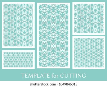 Decorative panels set for laser cutting. Geometric ornament for wedding invitation, envelope, greeting or business cards, Template for paper cut, printing, engraving wood, metal. Stencil manufacturing