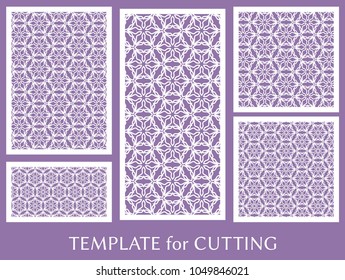 Decorative panels set for laser cutting. Geometric ornament for wedding invitation, envelope, greeting or business cards, Template for paper cut, printing, engraving wood, metal. Stencil manufacturing