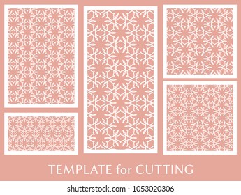 Decorative panels set for laser cutting. Geometric ornament for wedding invitation, envelope, greeting or business cards, Template for paper cut, printing, engraving wood, metal. Stencil manufacturing