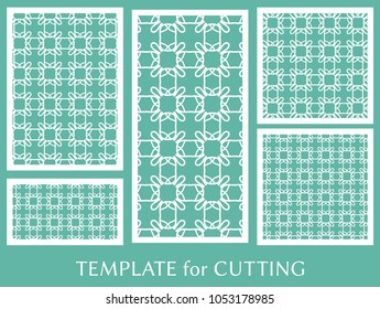 Decorative panels set for laser cutting. Geometric ornament for wedding invitation, envelope, greeting or business cards, Template for paper cut, printing, engraving wood, metal. Stencil manufacturing