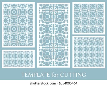Decorative panels set for laser cutting. Geometric ornament for wedding invitation, envelope, greeting or business cards, Template for paper cut, printing, engraving wood, metal. Stencil manufacturing