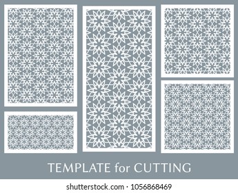 Decorative panels set for laser cutting. Geometric ornament for wedding invitation, envelope, greeting or business cards, Template for paper cut, printing, engraving wood, metal. Stencil manufacturing