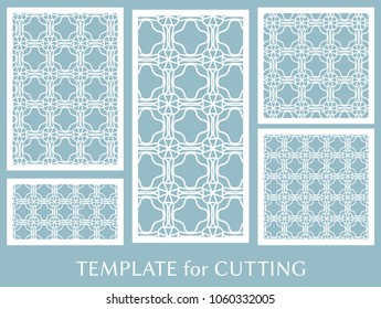 Decorative panels set for laser cutting. Geometric ornament for wedding invitation, envelope, greeting or business cards, Template for paper cut, printing, engraving wood, metal. Stencil manufacturing