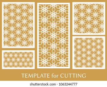 Decorative panels set for laser cutting. Geometric ornament for wedding invitation, envelope, greeting or business cards, Template for paper cut, printing, engraving wood, metal. Stencil manufacturing