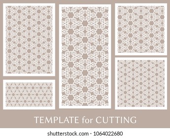 Decorative panels set for laser cutting. Geometric ornament for wedding invitation, envelope, greeting or business cards, Template for paper cut, printing, engraving wood, metal. Stencil manufacturing