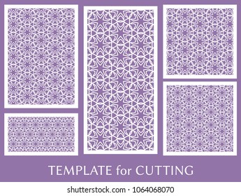 Decorative panels set for laser cutting. Geometric ornament for wedding invitation, envelope, greeting or business cards, Template for paper cut, printing, engraving wood, metal. Stencil manufacturing
