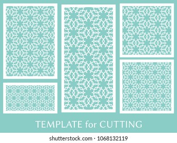 Decorative panels set for laser cutting. Geometric ornament for wedding invitation, envelope, greeting or business cards, Template for paper cut, printing, engraving wood, metal. Stencil manufacturing