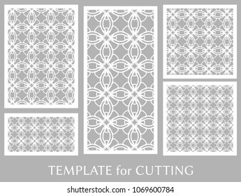 Decorative panels set for laser cutting. Geometric ornament for wedding invitation, envelope, greeting or business cards, Template for paper cut, printing, engraving wood, metal. Stencil manufacturing