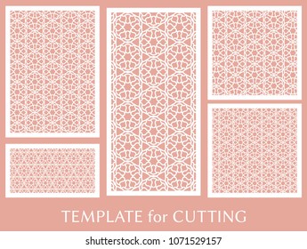 Decorative panels set for laser cutting. Geometric ornament for wedding invitation, envelope, greeting or business cards, Template for paper cut, printing, engraving wood, metal. Stencil manufacturing