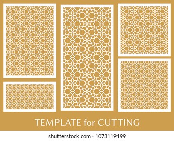 Decorative panels set for laser cutting. Geometric ornament for wedding invitation, envelope, greeting or business cards, Template for paper cut, printing, engraving wood, metal. Stencil manufacturing