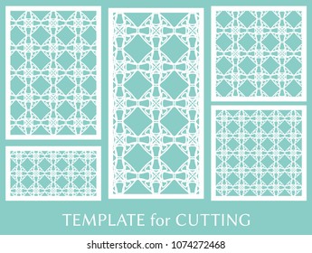 Decorative panels set for laser cutting. Geometric ornament for wedding invitation, envelope, greeting or business cards, Template for paper cut, printing, engraving wood, metal. Stencil manufacturing