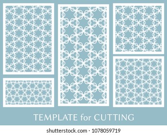 Decorative panels set for laser cutting. Geometric ornament for wedding invitation, envelope, greeting or business cards, Template for paper cut, printing, engraving wood, metal. Stencil manufacturing