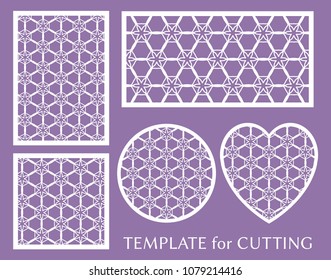 Decorative panels set for laser cutting. Geometric round ornament and heart element for wedding invitation, envelope, greeting card. Template for paper cut, printing. Stencil manufacturing