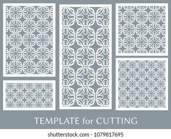 Decorative panels set for laser cutting. Geometric ornament for wedding invitation, envelope, greeting or business cards, Template for paper cut, printing, engraving wood, metal. Stencil manufacturing