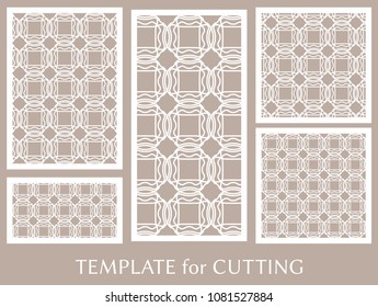 Decorative panels set for laser cutting. Geometric ornament for wedding invitation, envelope, greeting or business cards, Template for paper cut, printing, engraving wood, metal. Stencil manufacturing