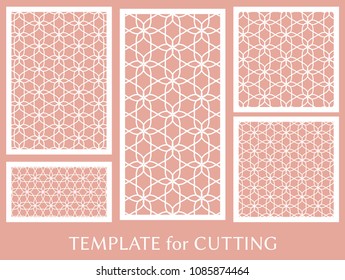 Decorative panels set for laser cutting. Geometric ornament for wedding invitation, envelope, greeting or business cards, Template for paper cut, printing, engraving wood, metal. Stencil manufacturing