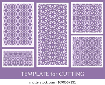 Decorative panels set for laser cutting. Geometric ornament for wedding invitation, envelope, greeting or business cards, Template for paper cut, printing, engraving wood, metal. Stencil manufacturing