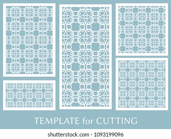 Decorative panels set for laser cutting. Geometric ornament for wedding invitation, envelope, greeting or business cards, Template for paper cut, printing, engraving wood, metal. Stencil manufacturing