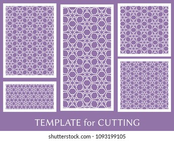 Decorative panels set for laser cutting. Geometric ornament for wedding invitation, envelope, greeting or business cards, Template for paper cut, printing, engraving wood, metal. Stencil manufacturing