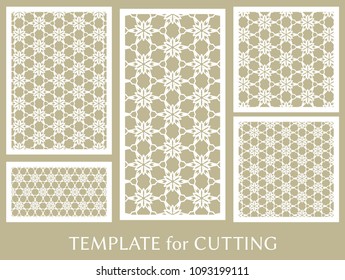Decorative panels set for laser cutting. Geometric ornament for wedding invitation, envelope, greeting or business cards, Template for paper cut, printing, engraving wood, metal. Stencil manufacturing